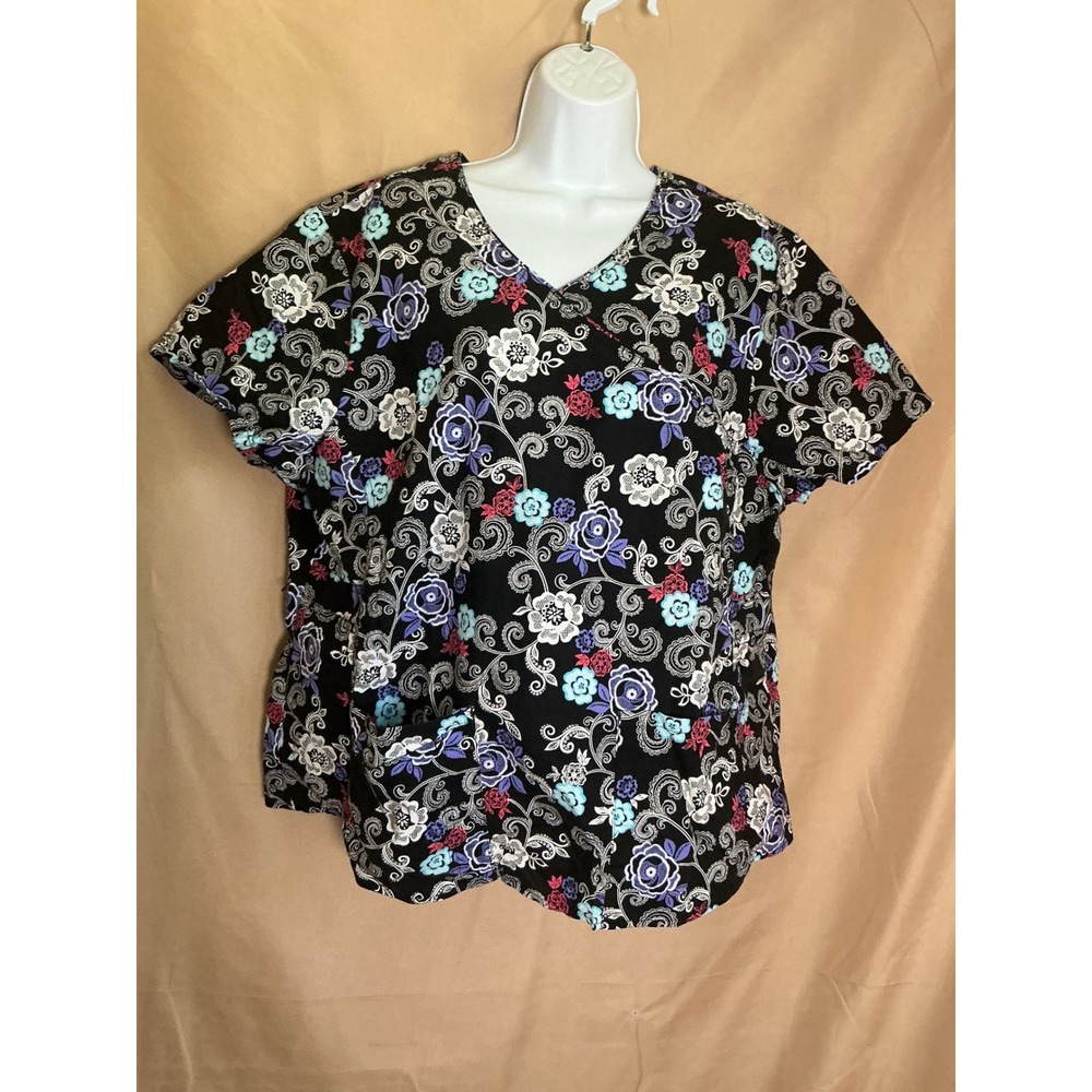 Scrubstar Scrub Top Womens 2X Black Floral Paisley Excellent Mock Wrap Pockets